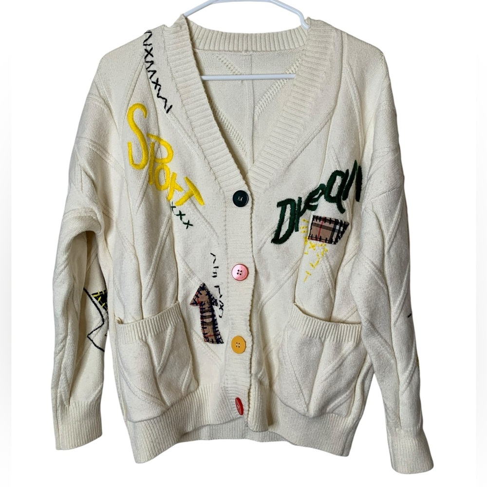 Embroidered V Neck Cardigan Size S Artsy Chunky E Girl Teacher Schoolgirl Unique - Picture 3 of 12